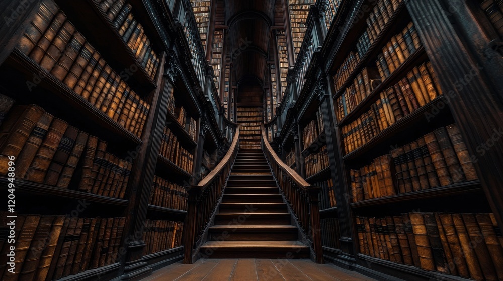 Poster colossal floating library with massive bookshelves and endless aisles of ancient tomes