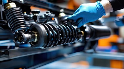 Naklejka premium A mechanic testing a car's suspension parts, including shock absorbers, struts, and springs, in an auto repair shop