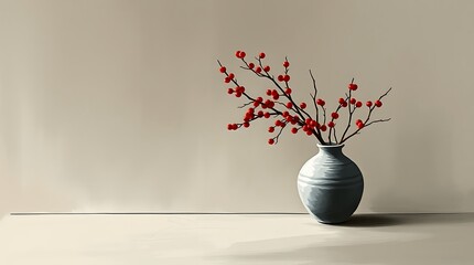Red berries in a gray vase against a beige wall.