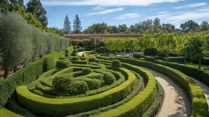 A scenic labyrinth of perfectly trimmed hedges with winding pathways and vibrant green foliage.