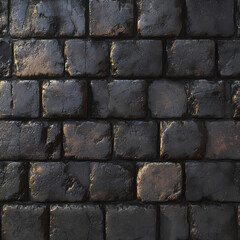 Fototapeta premium Ancient cobblestone wall texture, wet glistening stones, dark medieval masonry, dramatic side lighting, weathered surface, high detail photography, 8k, photorealistic