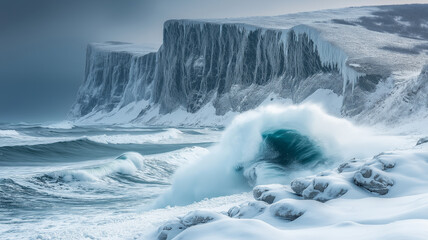 Powerful ocean waves crashing against snow-covered cliffs with dramatic icicles, creating a dynamic and icy coastal scene.