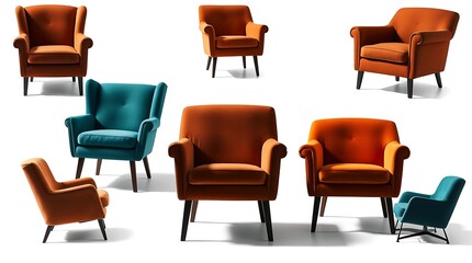 Obraz premium Multiple views of teal and orange velvet armchairs.