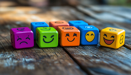 Emotion cubes in vivid colors on a rustic wooden table, symbolizing diverse customer experiences