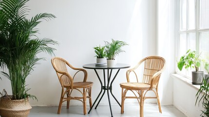 A minimalist dining area showcasing a sleek metal table, designer rattan chairs, and decorative plants