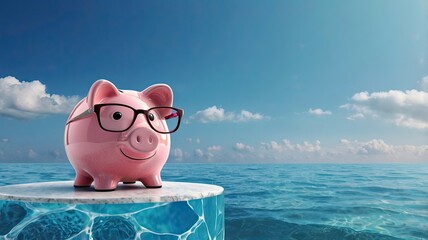 3d rendering pink piggy bank wearing eyeglasses on blue sea and sky background