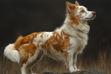 A Red And White Dog Stands Alertly Outdoors