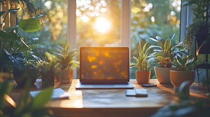 Marketers collaborate on innovative spring campaign strategies in a sunlit workspace surrounded by greenery