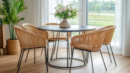 Fototapeta premium A modern dining area featuring a sleek metal table adorned with a vase of flowers, surrounded by four rattan chairs in a stylish interior