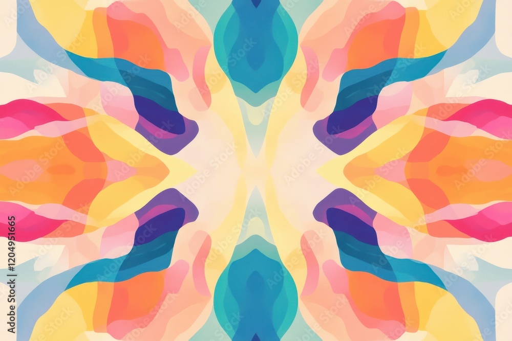 Poster colorful abstract artwork with vibrant shapes and fluid patterns creating a symmetrical design in pa