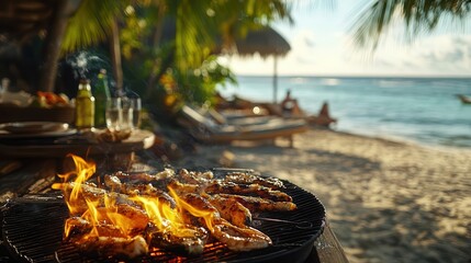 A vibrant beach scene with a grill sizzling seafood, surrounded by palm trees and a serene ocean view.