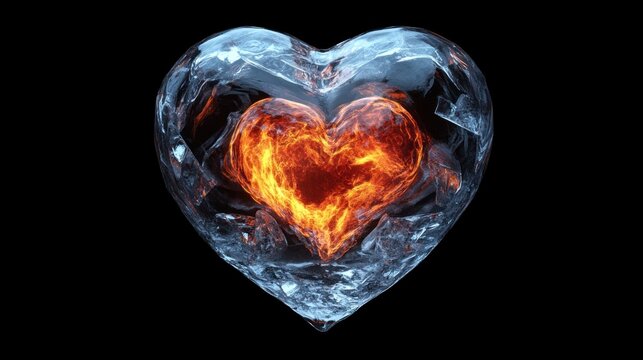 Frozen Heart Fire within ice heart, black background, love concept