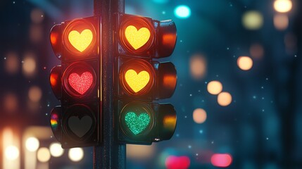 A cartoon-style traffic light with heart-shaped lights, featuring red, yellow, and green with sparkles, hearts, and dreamy pastel colors.