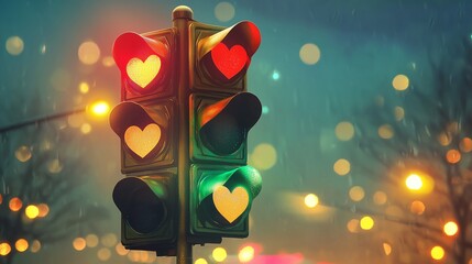 A cartoon-style traffic light with heart-shaped lights, featuring red, yellow, and green with sparkles, hearts, and dreamy pastel colors.