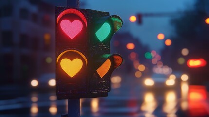 A cartoon-style traffic light with heart-shaped lights, featuring red, yellow, and green with sparkles, hearts, and dreamy pastel colors.
