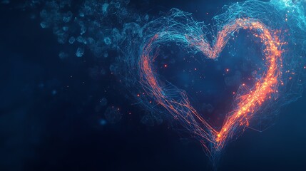 Abstract heart with a dark blue background, low-poly wireframe, glowing particles, and copy space for modern design.