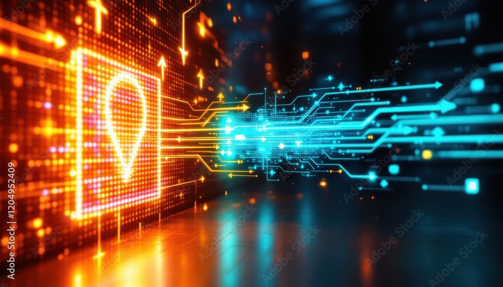 Poster digital technology concept with glowing circuit board and location icon