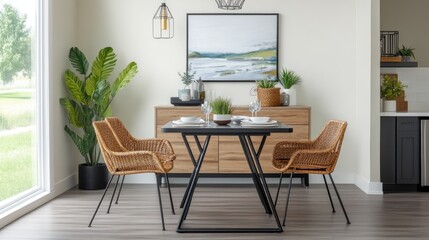 A modern dining setup featuring a sleek metal table, designer rattan chairs, and bold art in the background