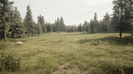 Serene grassy meadow nestled amidst a tranquil pine forest on a hazy day.
