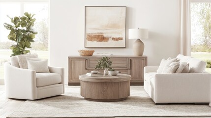 A modern living room designed with neutral tones, sleek furniture, and home decor items such as statement lamps and art pieces
