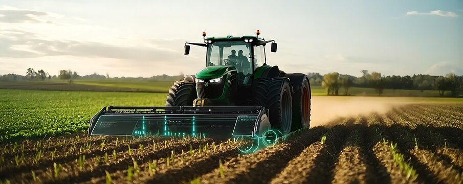  A Farming  tractor Tractor Ploughing with futuristic digital displays plows a field, showcasing the future of precision agriculture