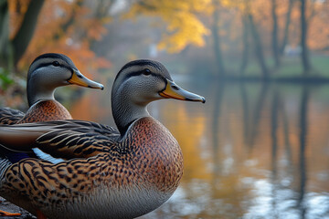 Two Female Mallards Beside Autumnal Water