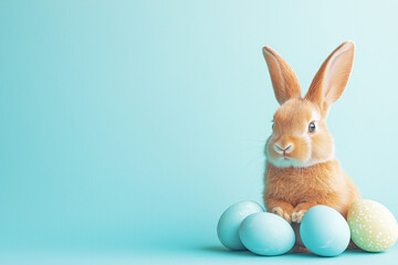 Easter Bunny Rabbit with Blue Painted Egg on Blue Background Festive Holiday Concept







