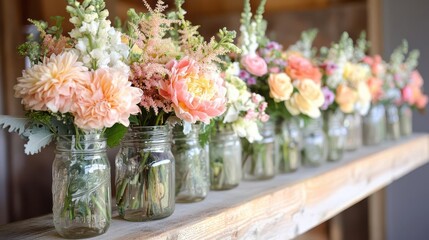 A charming display of colorful flowers arranged in glass jars, showcasing a rustic and natural decor style.