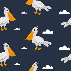 Playful design featuring cartoon pelicans and clouds against a dark background