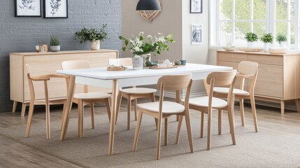 A Scandinavian-inspired dining room with a white table, light wood chairs, and a minimalist vibe