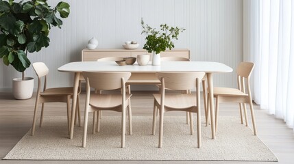 A Scandinavian-inspired dining room with a white table, light wood chairs, and a minimalist vibe