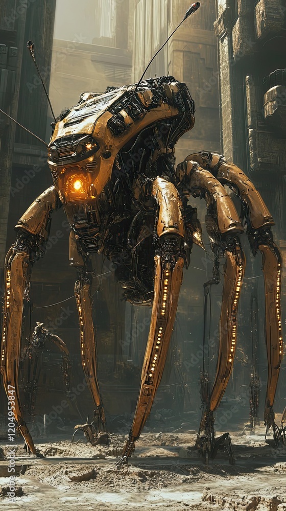 Poster mechanical spider robot in a desolate urban setting