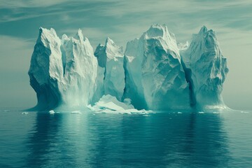 melting iceberg in a calm sea, surrounded by small ice floes, capturing the essence of climate change's impact on polar ecosystems