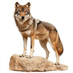 Fototapeta premium Majestic Red Wolf Standing on a Rock Against White Background