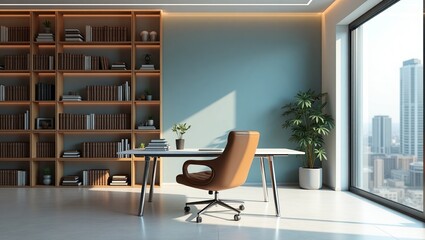 Modern living room with office table. chair, laptop and Personal Library- Ideal Setting for Freelancers for working