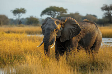 Fototapeta premium African Elephant Standing In Golden Grassland