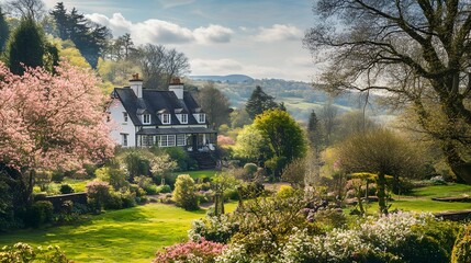 Obraz premium White House nestled in a vibrant spring garden landscape