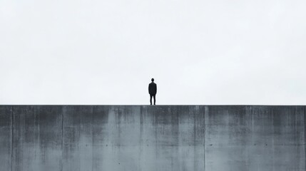 Solitary figure standing on a high concrete wall against a stark, overcast sky.
