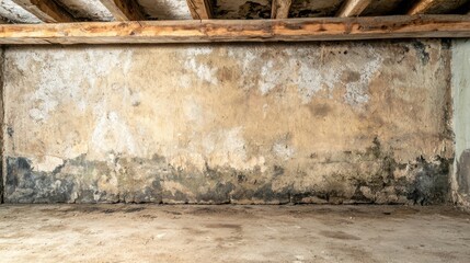 Dark and Damp Old Basement with Mold-Covered Walls and Exposed Wooden Beams