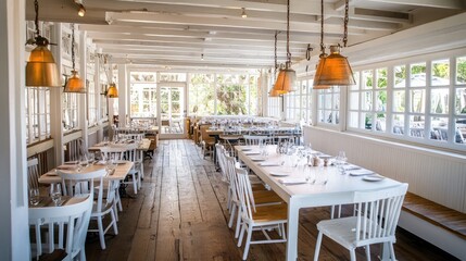Fototapeta premium A spacious dining area featuring a rectangular white table, decorative pendant lights, and wooden flooring