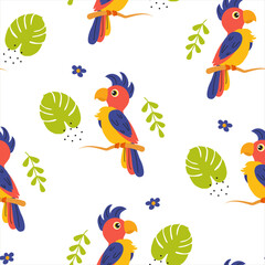 Colorful parrots and tropical leaves create a vibrant pattern for fun decor and design
