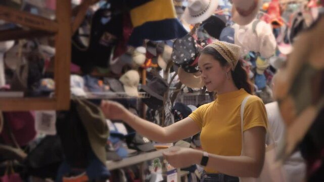 Young tourist Gen Z asia female choose look at zero waste eco go green buy second hand sale store flea market thrift old used vintage street hat style. Happy woman city asian people small retail shop.