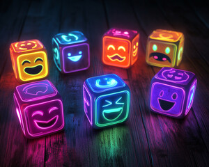 Emotion cubes with vibrant, neon colors, glowing against a dark wooden surface, featuring a modern,...