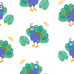 Colorful peacock pattern with tropical leaves on a white background