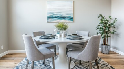 A stylish dining room showcasing a white round table, four gray chairs, and an abstract art piece on the wall