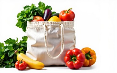 A vibrant assortment of fresh vegetables spilling out of a reusable cloth bag, emphasizing sustainable shopping and healthy eating.