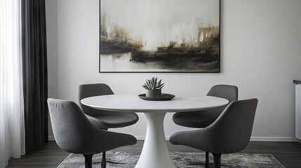 A stylish dining room showcasing a white round table, four gray chairs, and an abstract art piece on the wall