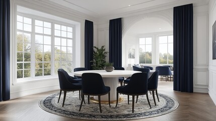 Fototapeta premium A stylish dining room with a round white table, navy blue chairs, and a patterned rug beneath
