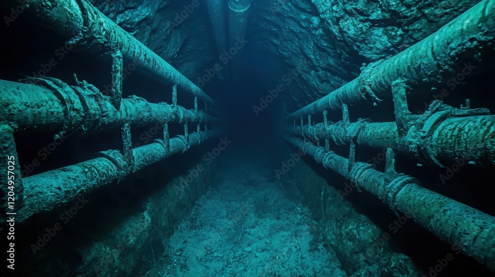 Poster dark underwater cave filled with maze of pipes in a mysterious submerged environment