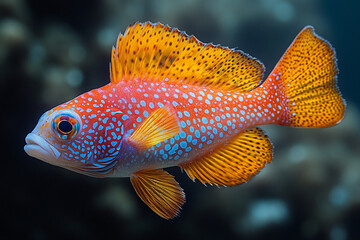 A vibrant orange and blue spotted fish swims gracefully